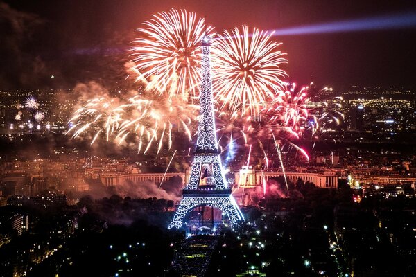 Fireworks over the Eiffel Tower in Paris