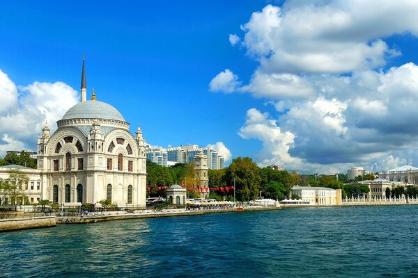 Edificios musulmanes en Estambul bajo el cielo brillante