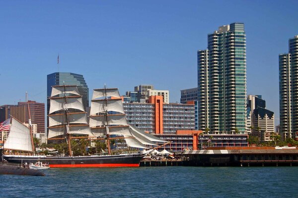 The boat on the photo of multi-storey buildings