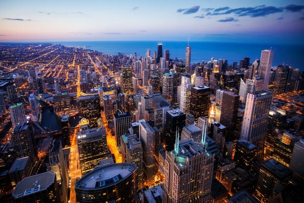 Evening lights of the city from a height