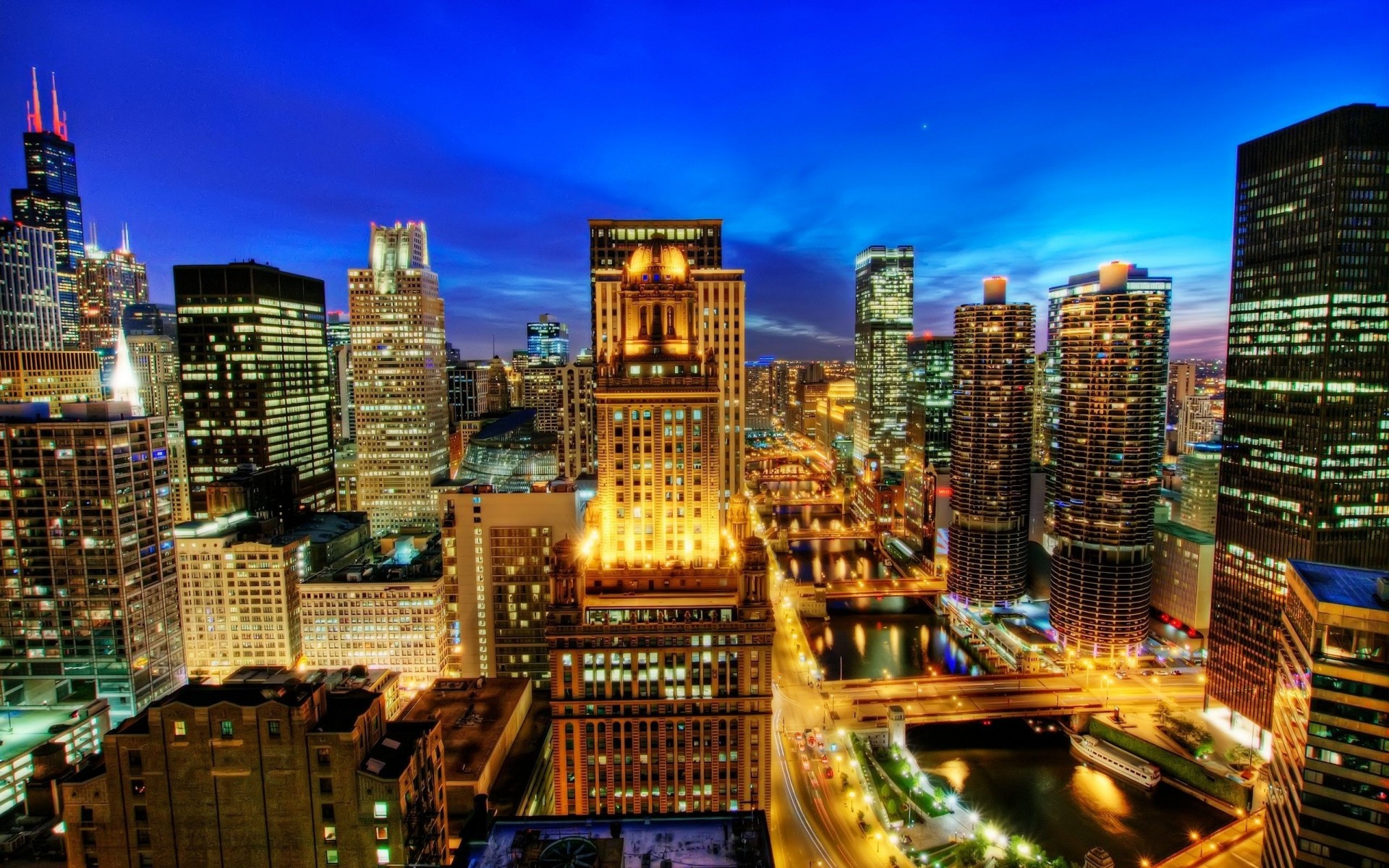 lichter nacht fluss brücke usa bäume chicago gebäude naght straßen. zu haus