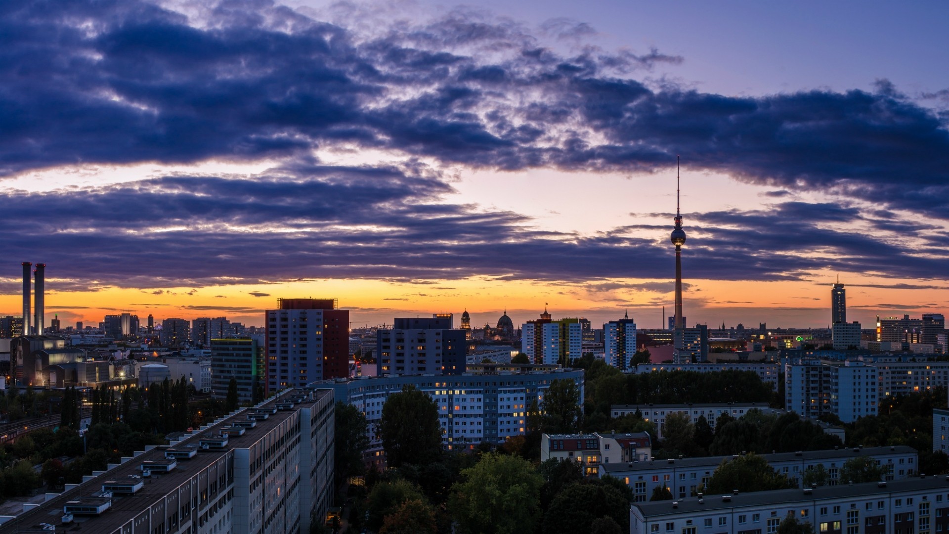 orange sunset tower lilac berlin city night sky building germany panorama clouds renovation capital house