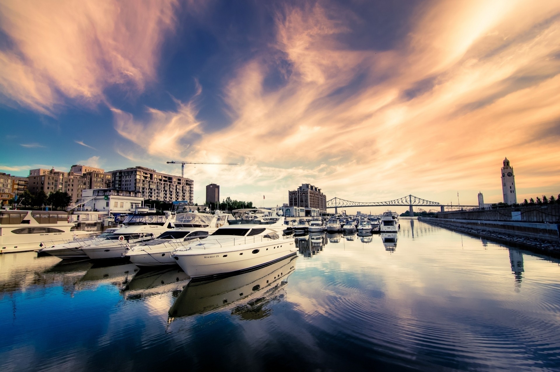 yacht river boat bridge town sky building house