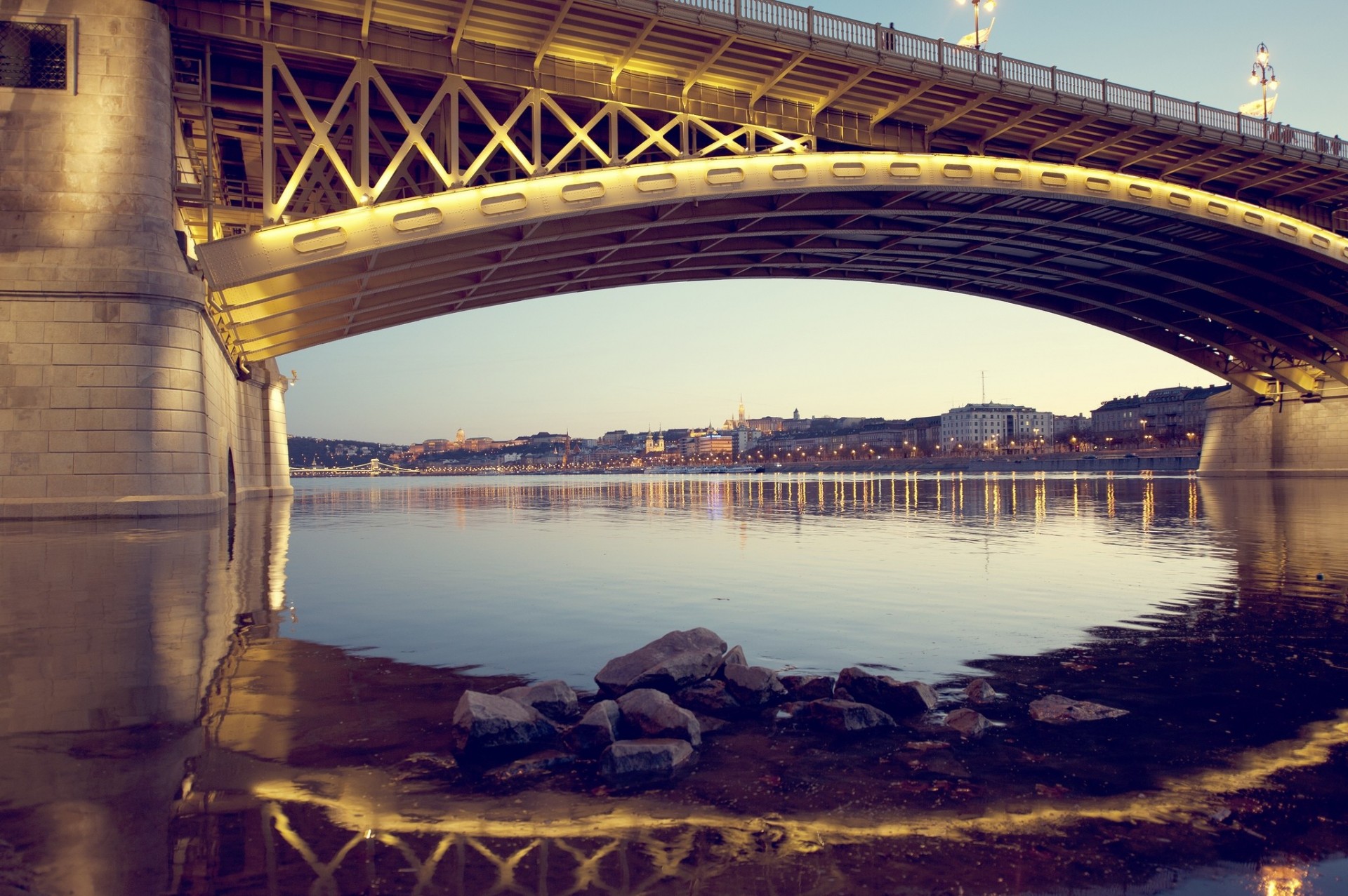 lights river bridge night budapest hungary