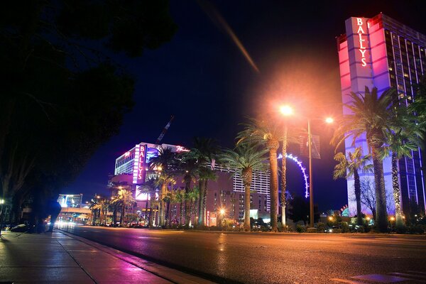 Snowfall on the streets of Las Vegas at night