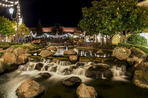 California artificial Waterfall at night