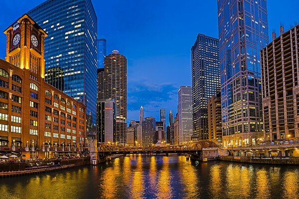 Night lights of high-rise buildings in Chicago