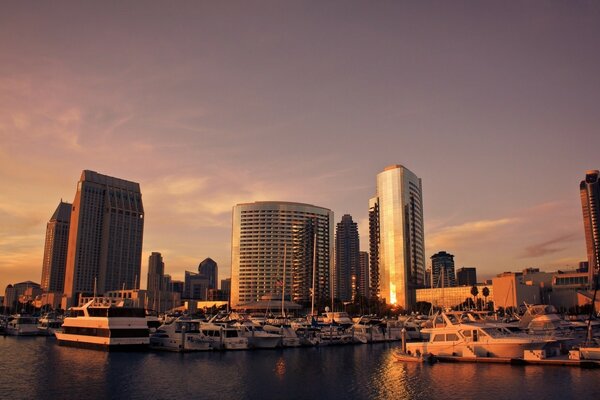 Beautiful panorama of the architecture of the states in the bay with yachts