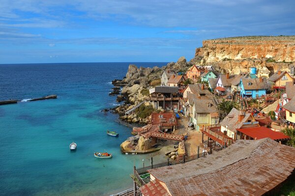 A bird s-eye view of Malta. Houses and the sea