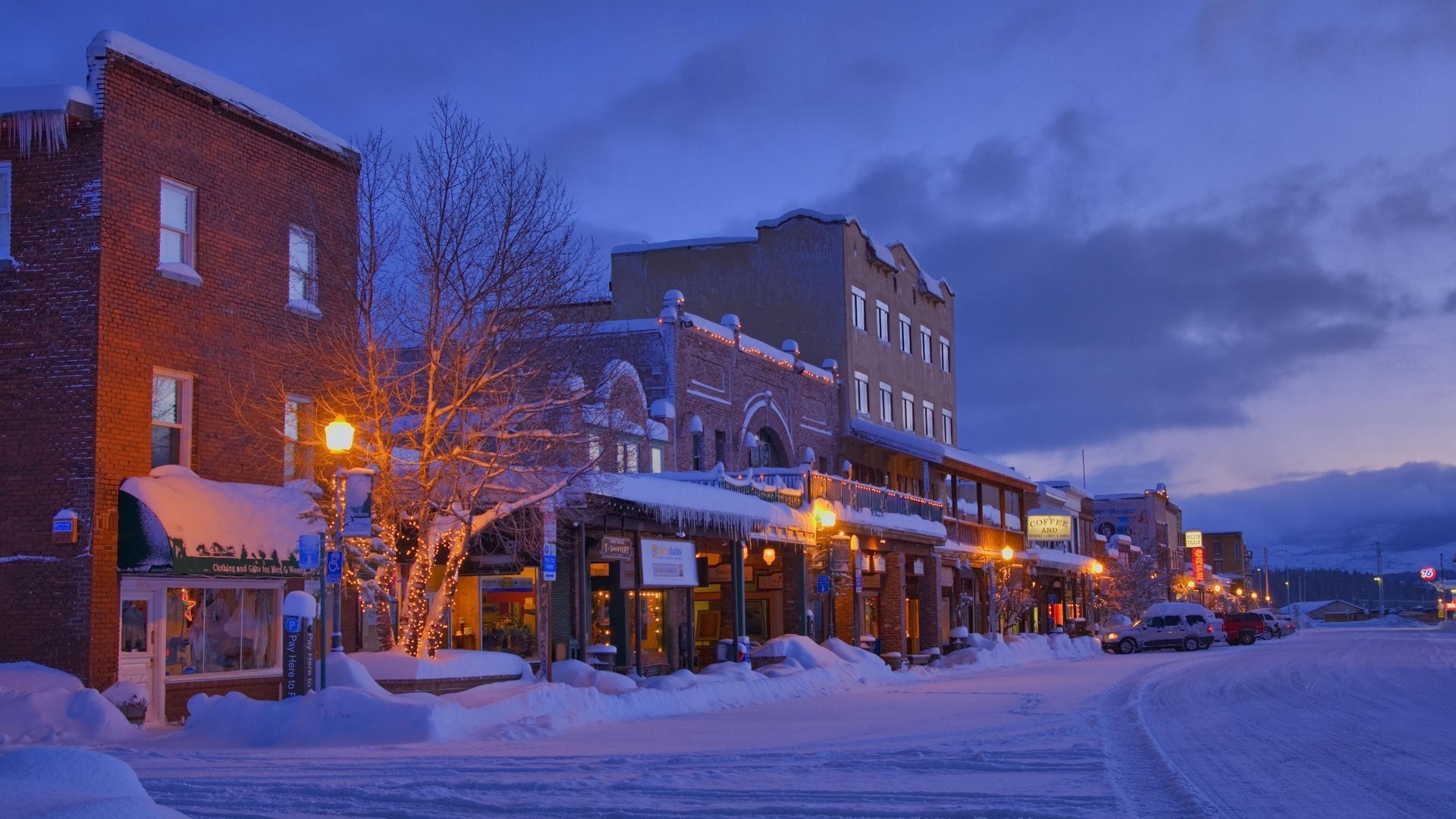 california snow street vehicles night cities trucks winter town