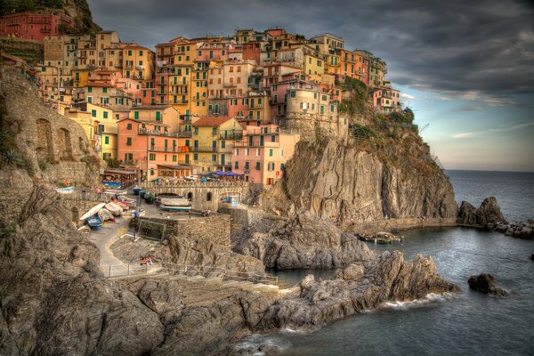 View of the coastal Manarola in the clouds