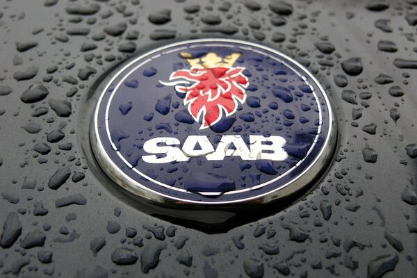 Icono de auto Saab bajo las gotas de lluvia