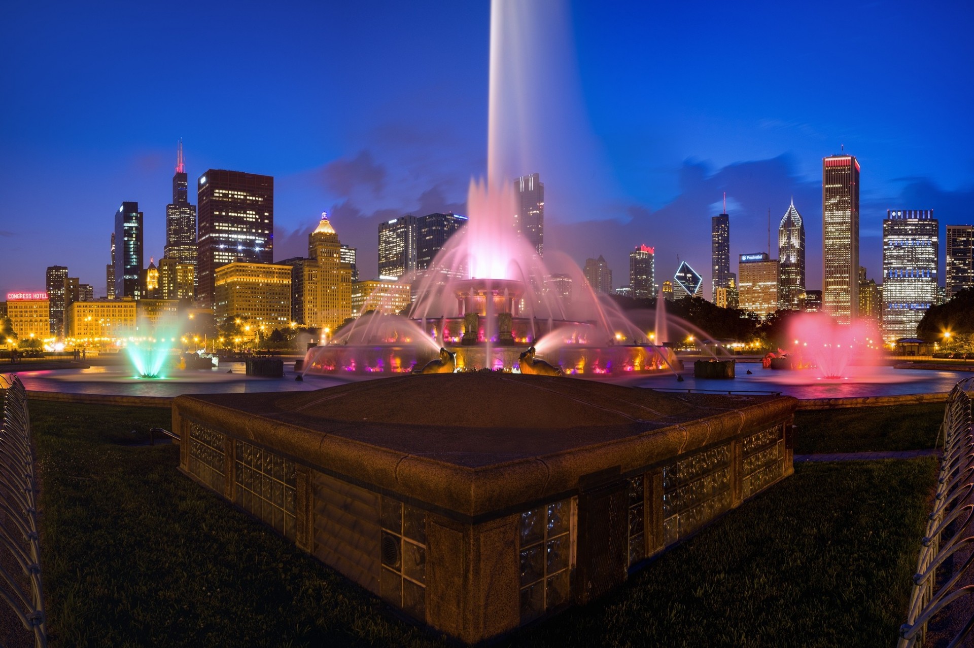 lumières chicago ville nuit illinois gratte-ciel fontaine usa