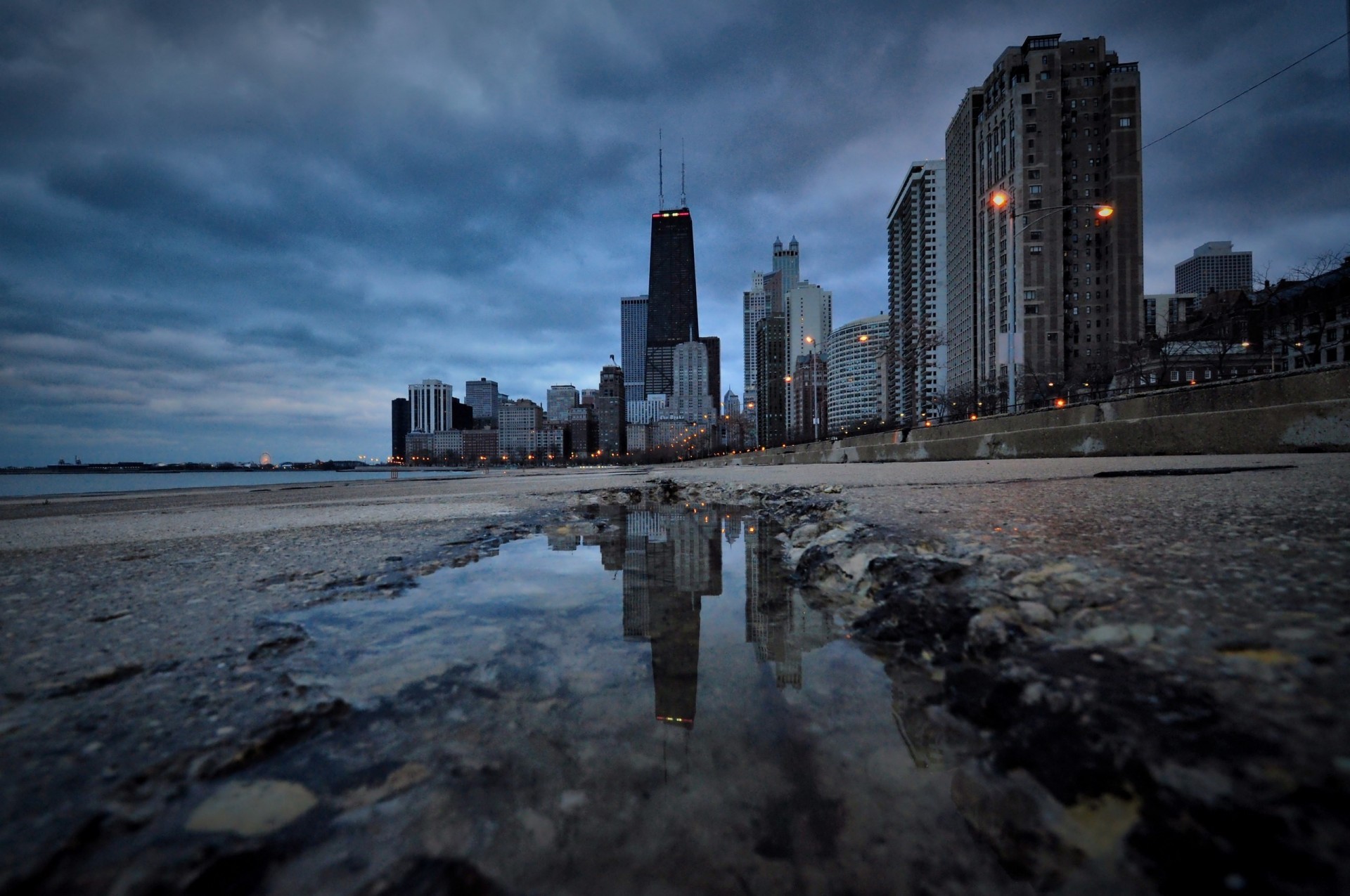 chicago schwimmbad bäume wolkenkratzer nacht gebäude amerika usa promenade