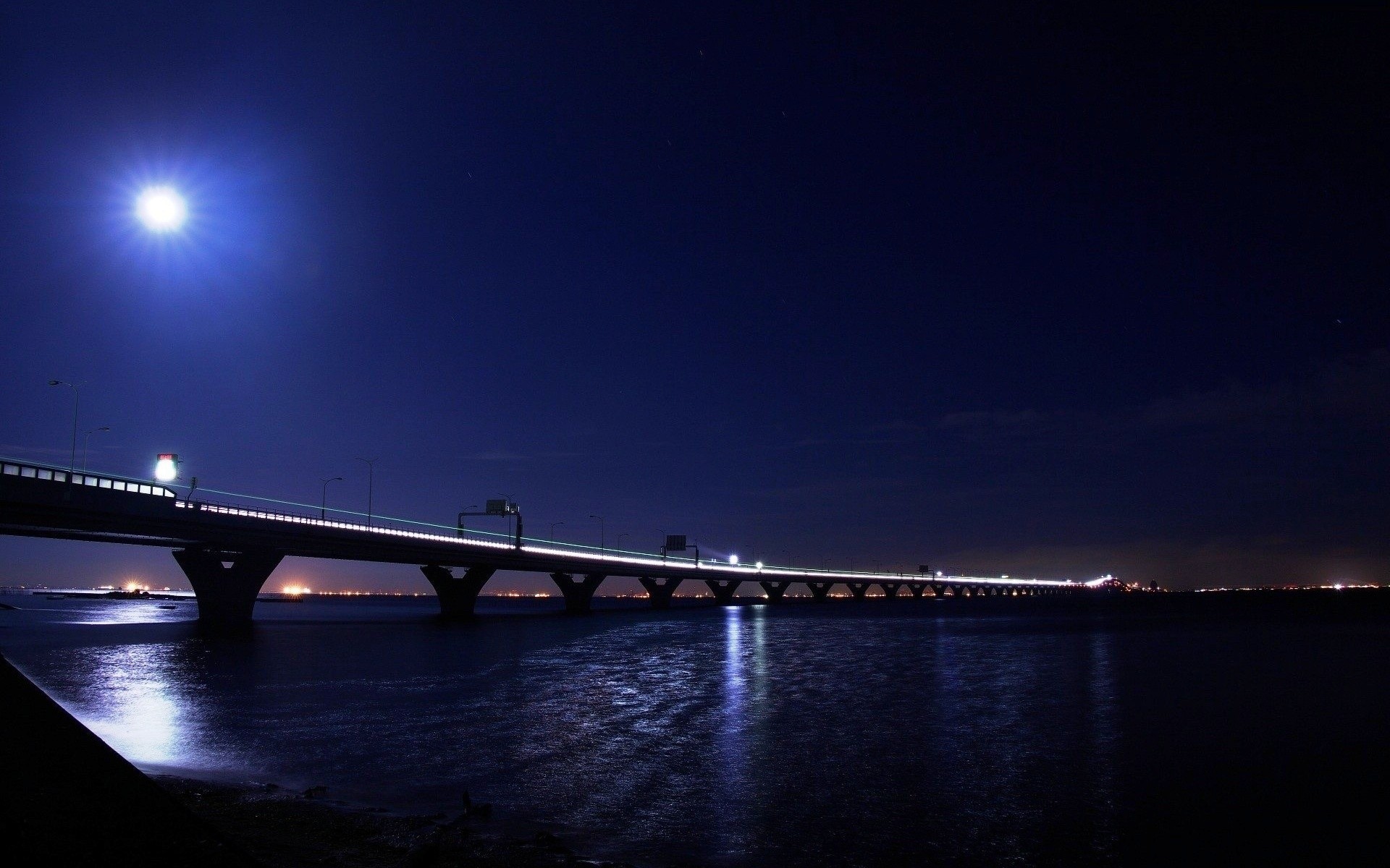 lights night river bridge light water moon