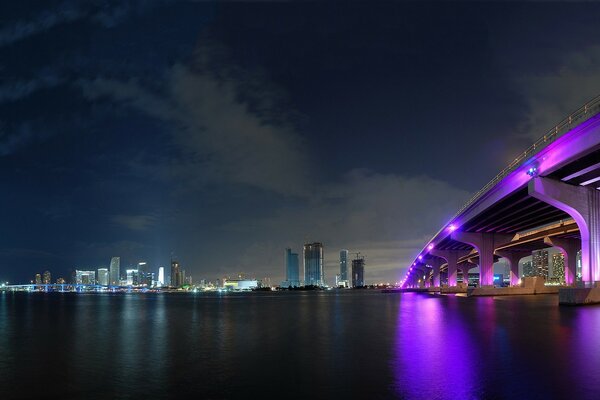 Neon lights on the bridge near the water