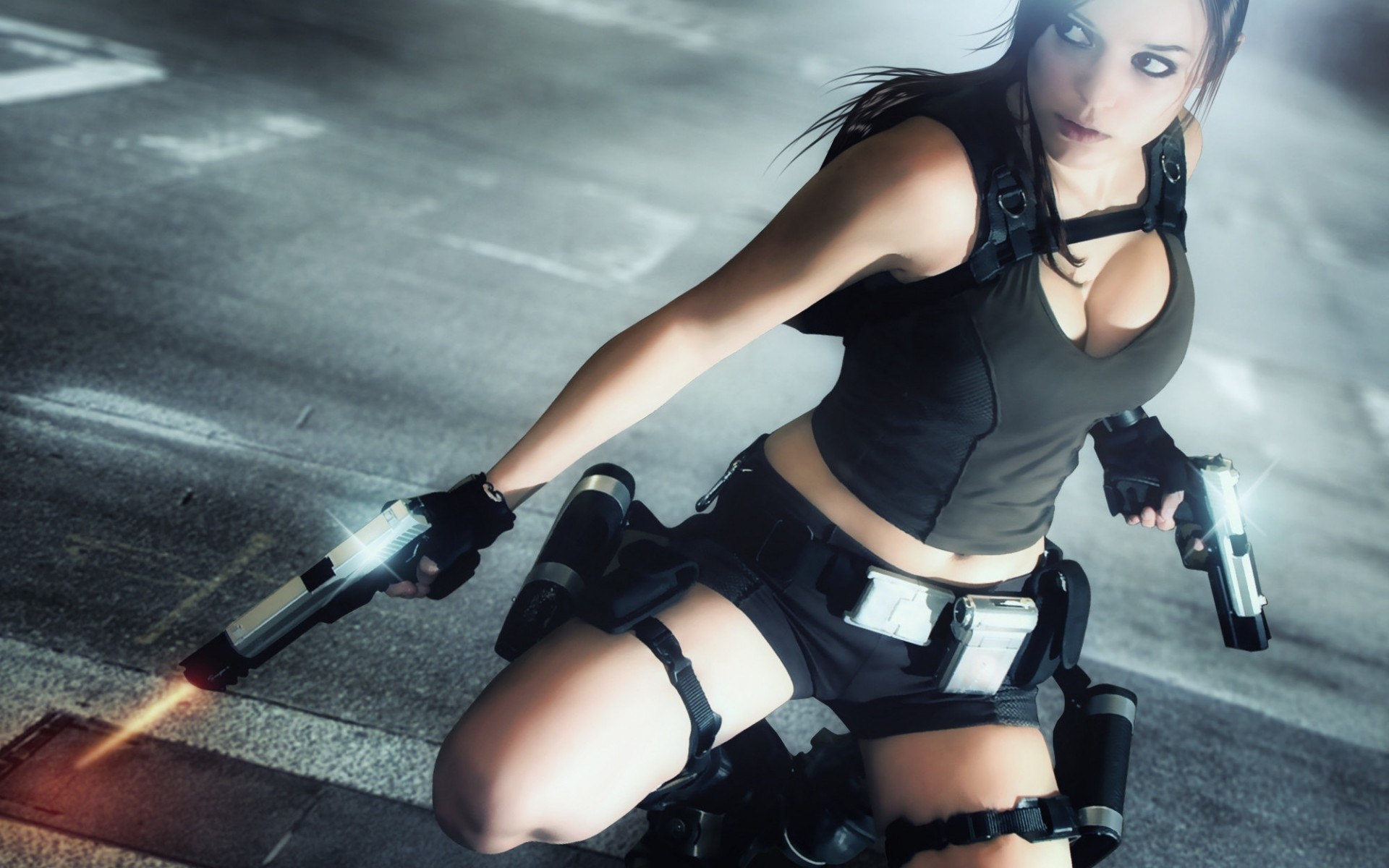 a woman flying fortress cosplay girl brunette lara croft tomb raider grey