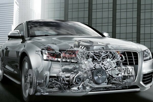 Car engine in transparent hood