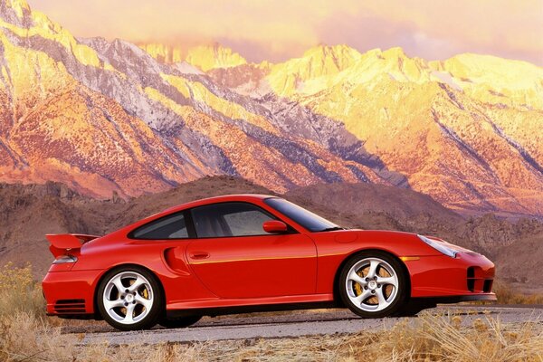 Red car on the background of mountains