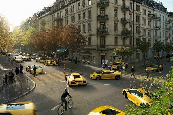 Clones jaunes de lamborghini au carrefour