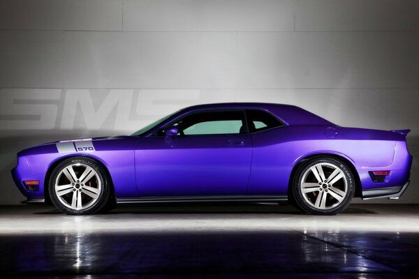 Blue Dodge Challenger on the side