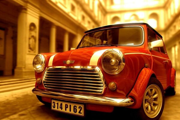 Mini Cooper rosso con fari rotondi