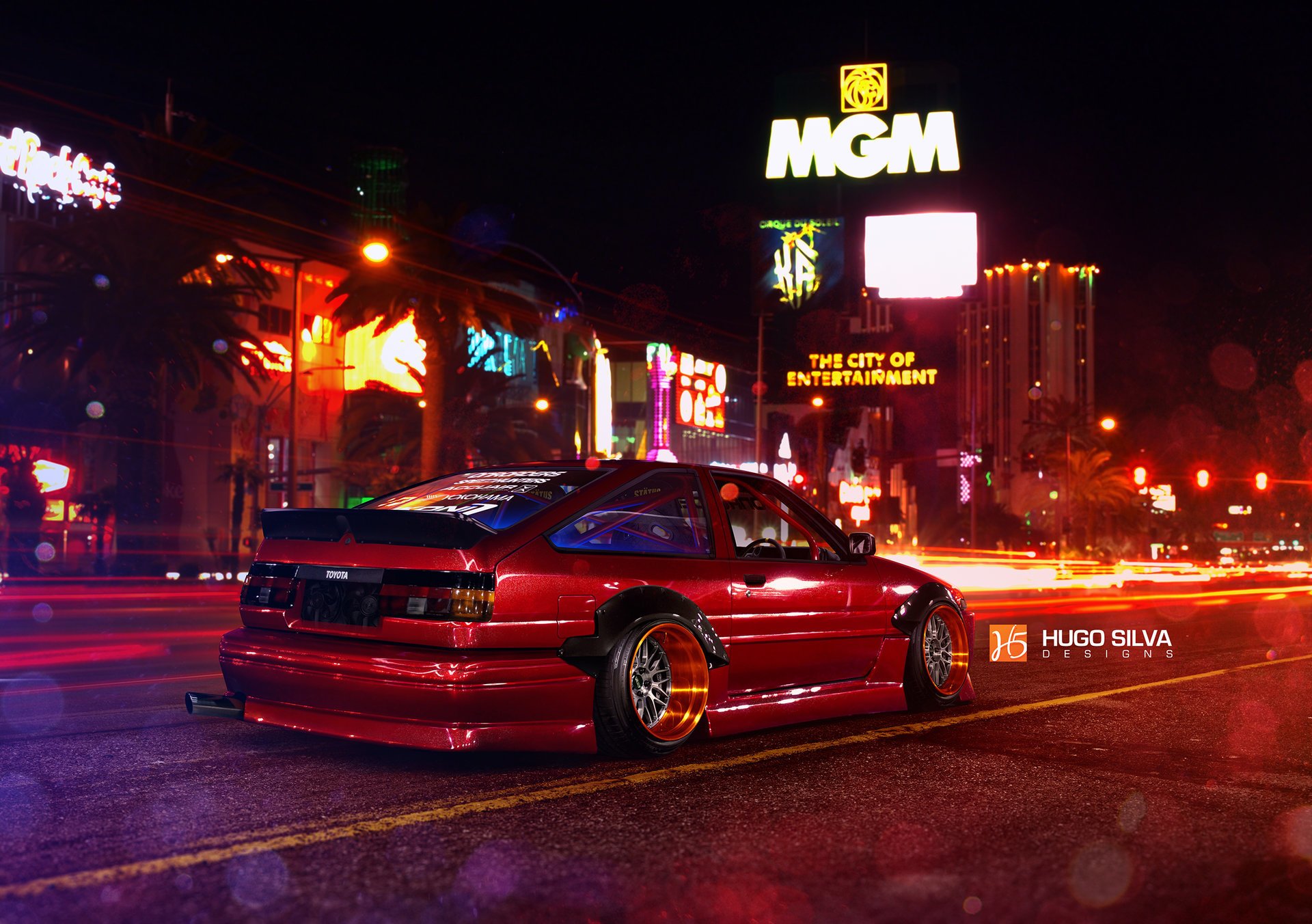 toyota corolla ae86 posición rojo nigth las vegas ruedas trasero de hugo silva