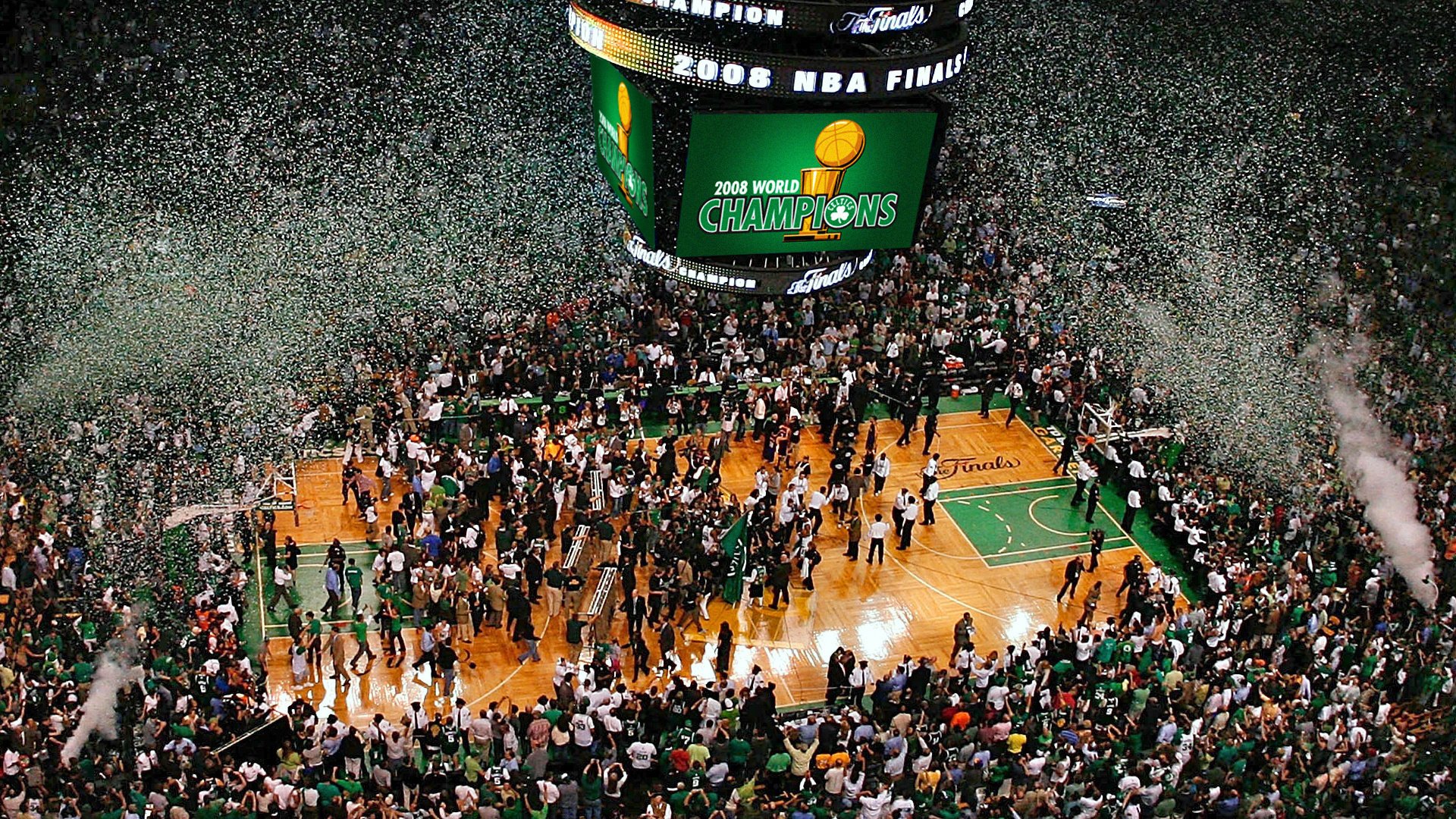 final de la nba sala llena baloncesto salón confeti espectadores aficionados juego deportes vista superior