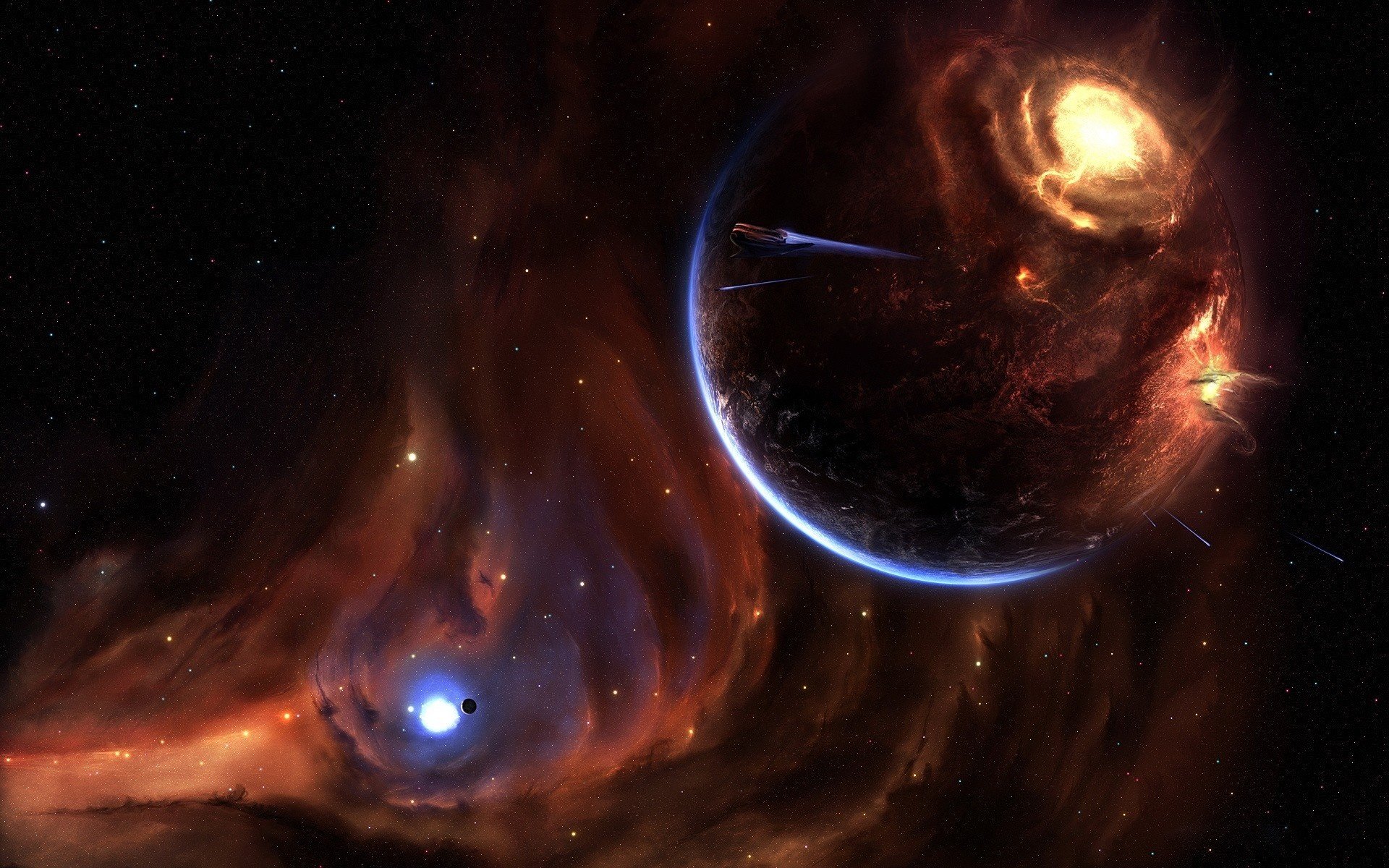 fire explosion space planets universe galaxy outer space stars nebula