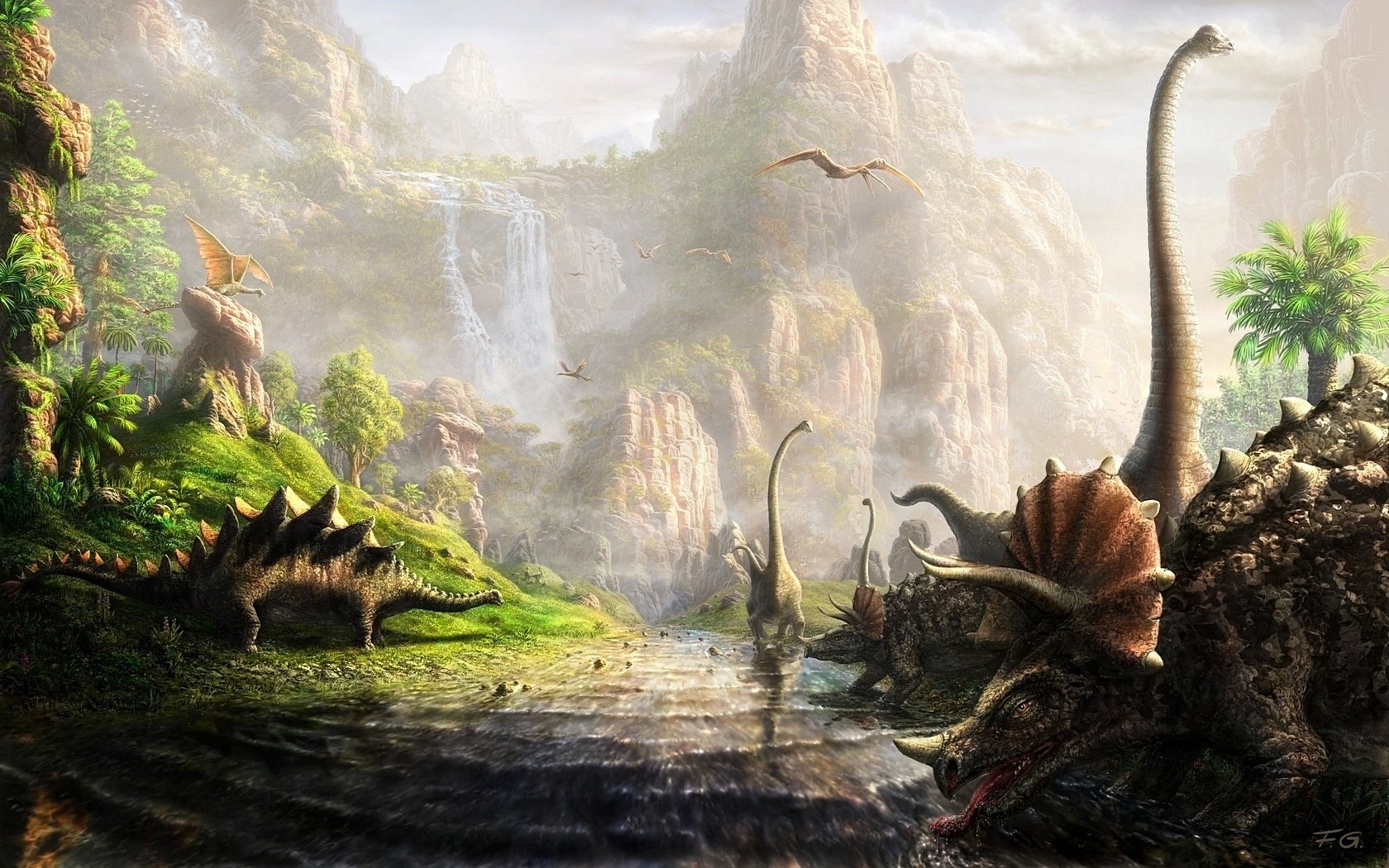 la terre des dinosaures dinosaures nature dessin rivière eau montagnes soleil cascade verdure dessins anime utopie