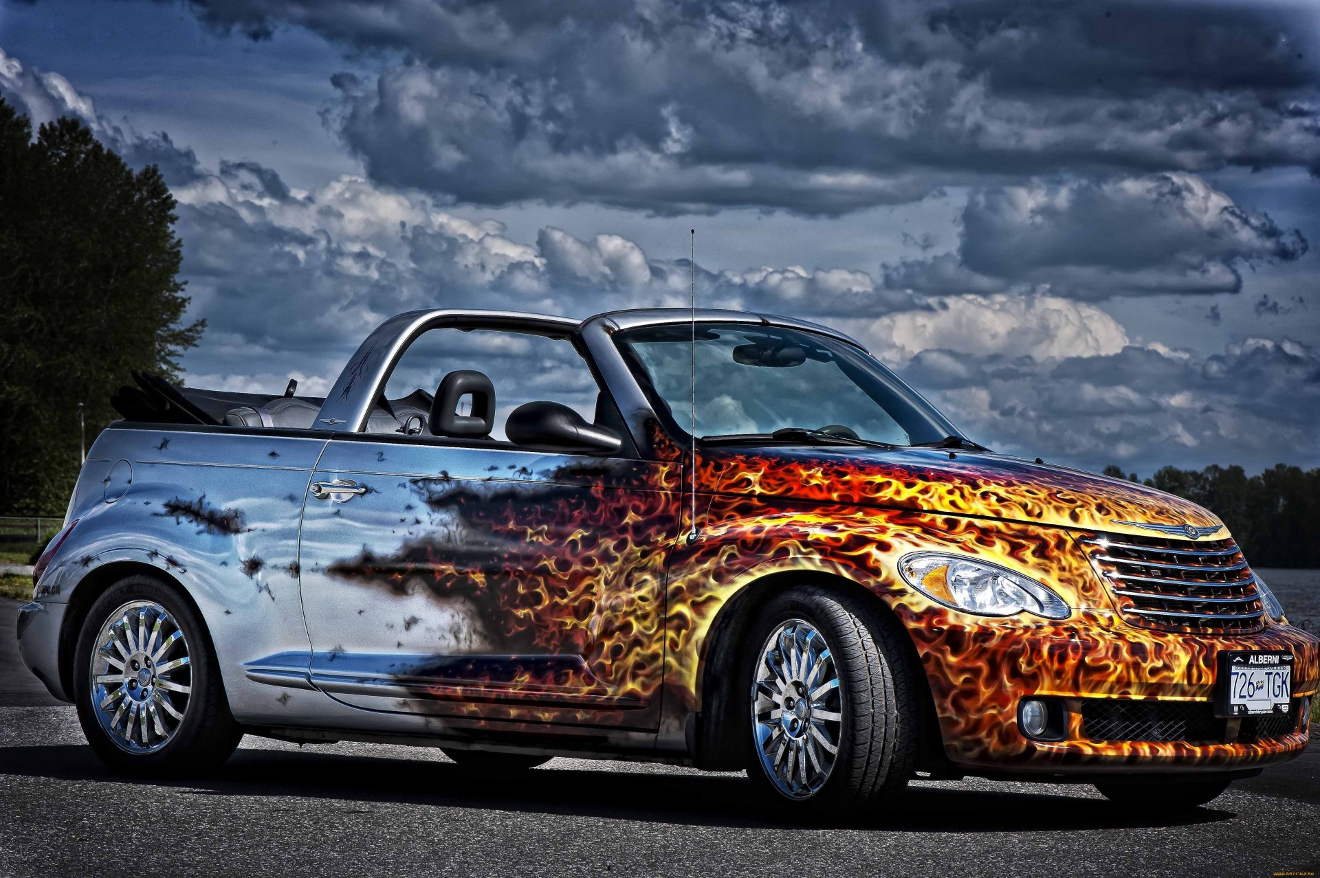 chrysler pt cruiser cabrio airbrush feuer flamme zungen himmel wolken