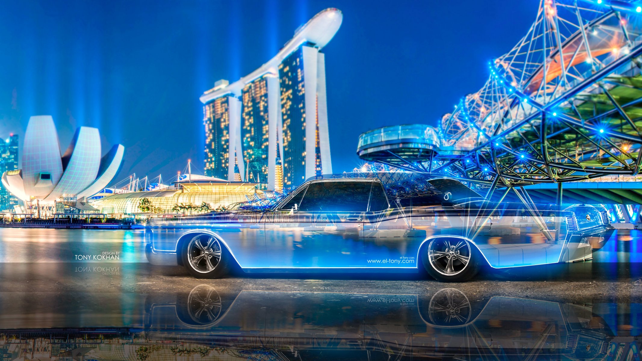 tony cohan lincoln continental crystal city night neon car multicolors blue tuning el tony cars design art style wallpaper 4k photoshop continental transparent car transparent auto retro blue n