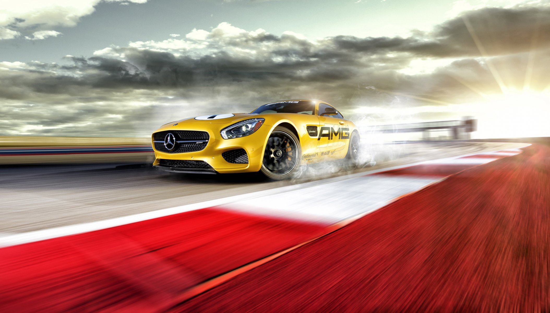 mercedes-benz amg gt s amarillo pista carreras a la deriva humo