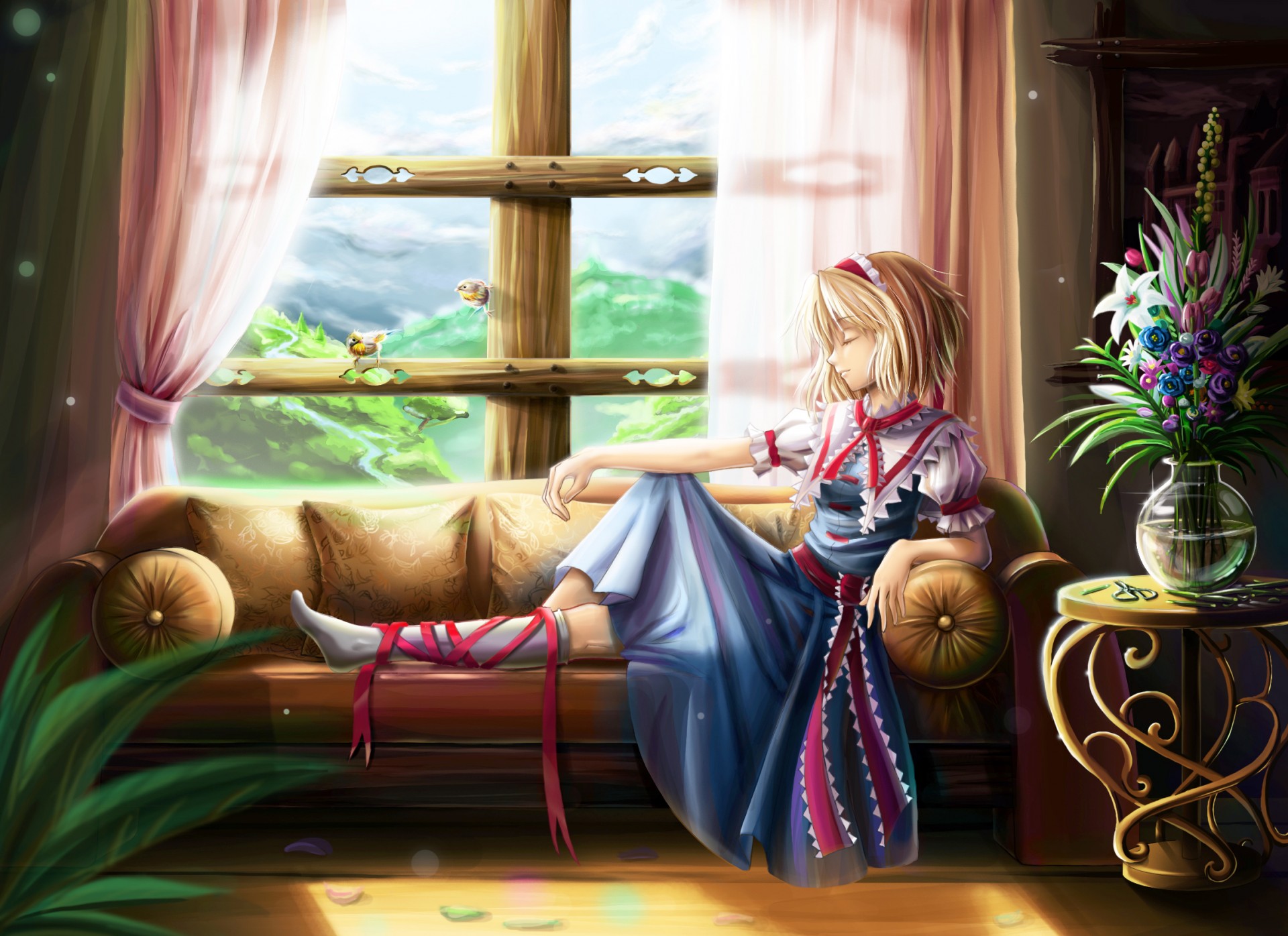 girl window sofa flower