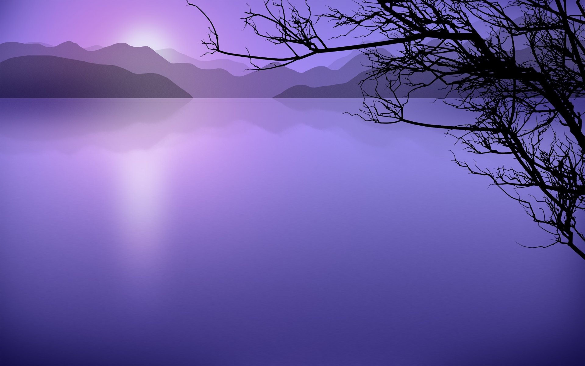 lago montañas ramas de árbol agua puesta de sol paisaje lila superficie cuento de hadas