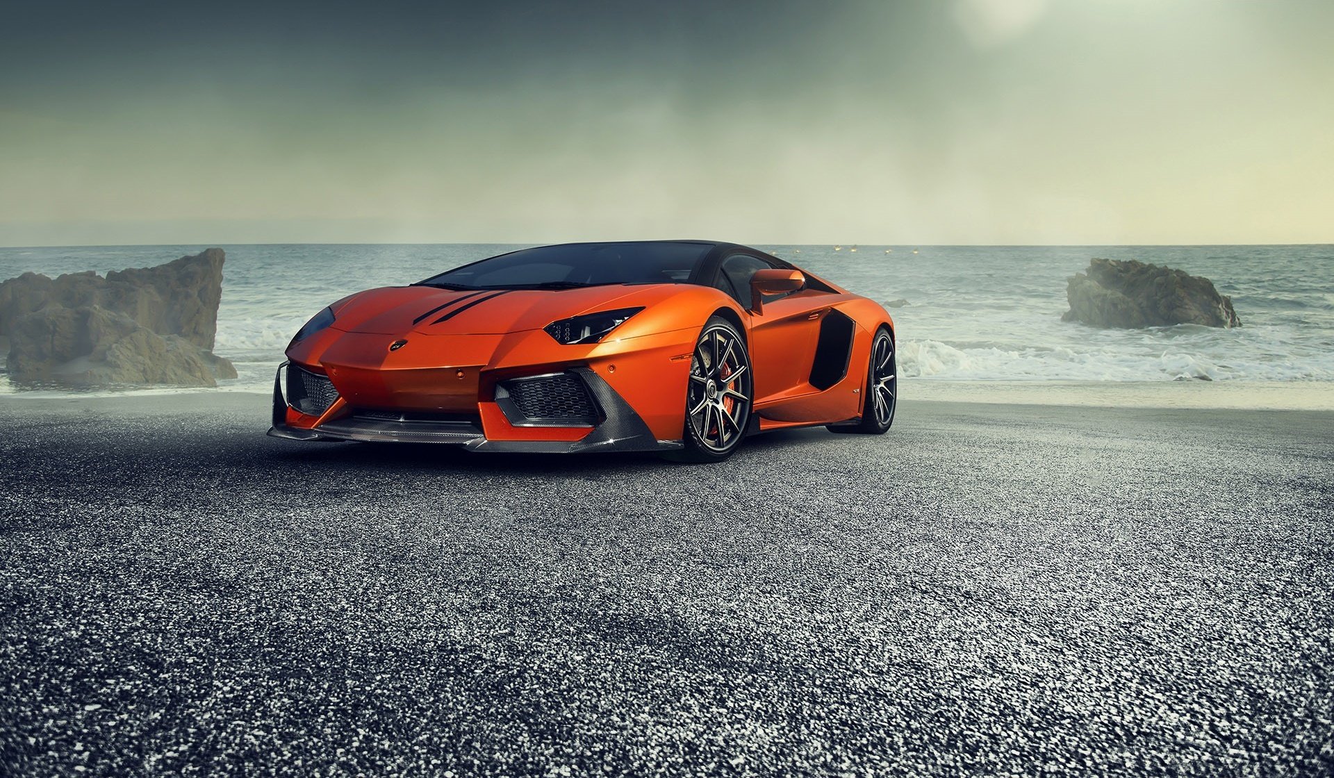 lamborghini aventador-v lp740-4 zaragoza vorsteiner supercar orange front sea