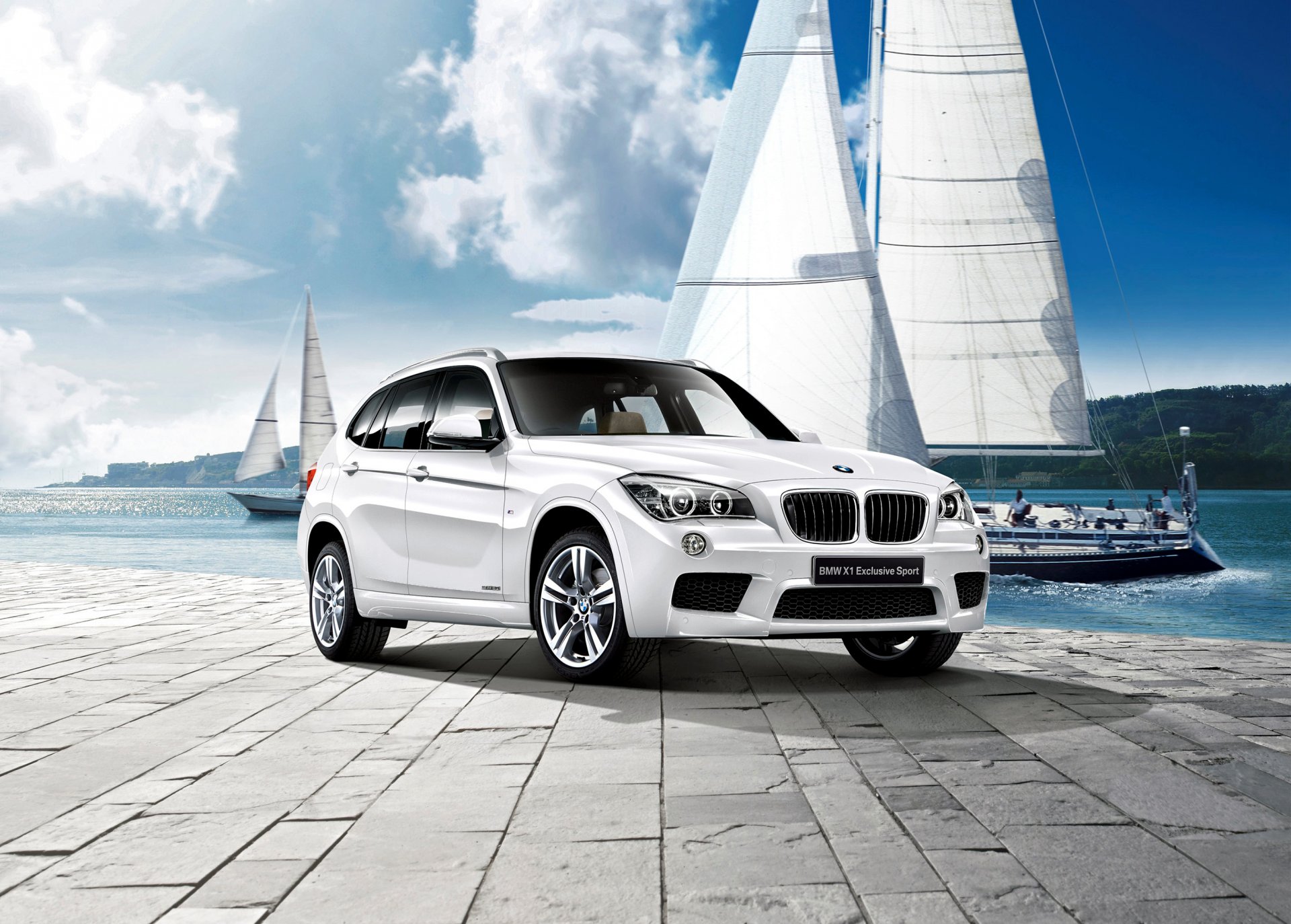 2012 bmw x1 e84 bmw crossover liegeplatz yachten ufer uferpromenade pier himmel wolken