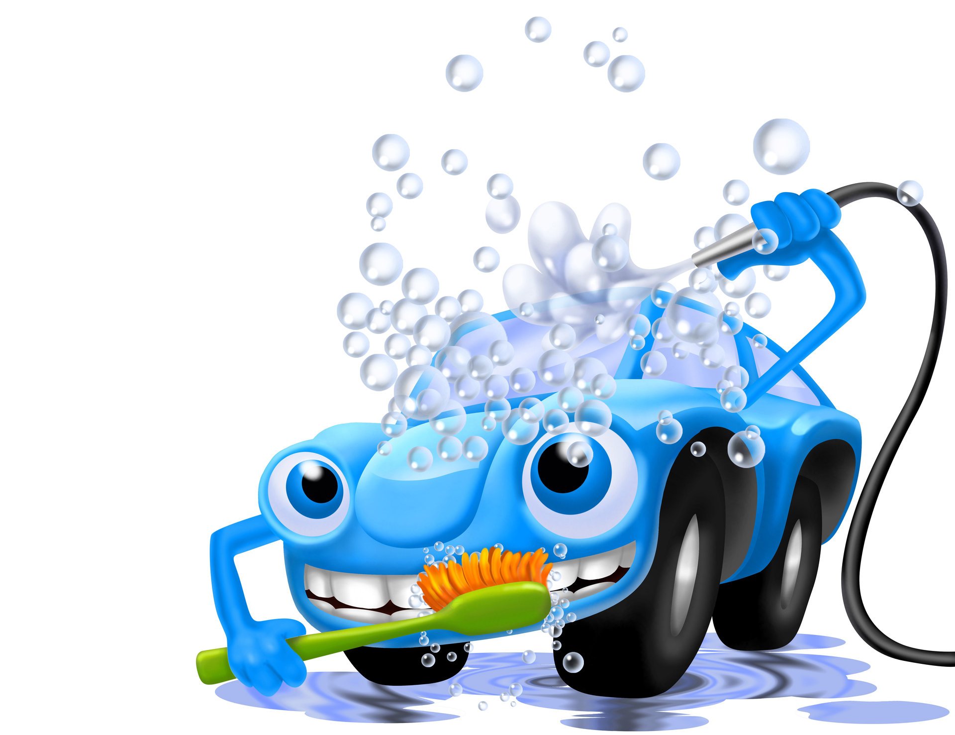 art car car wash typewriter blue car car wash self-service water foam bubbles witty funny character abstraction 3d wallpaper