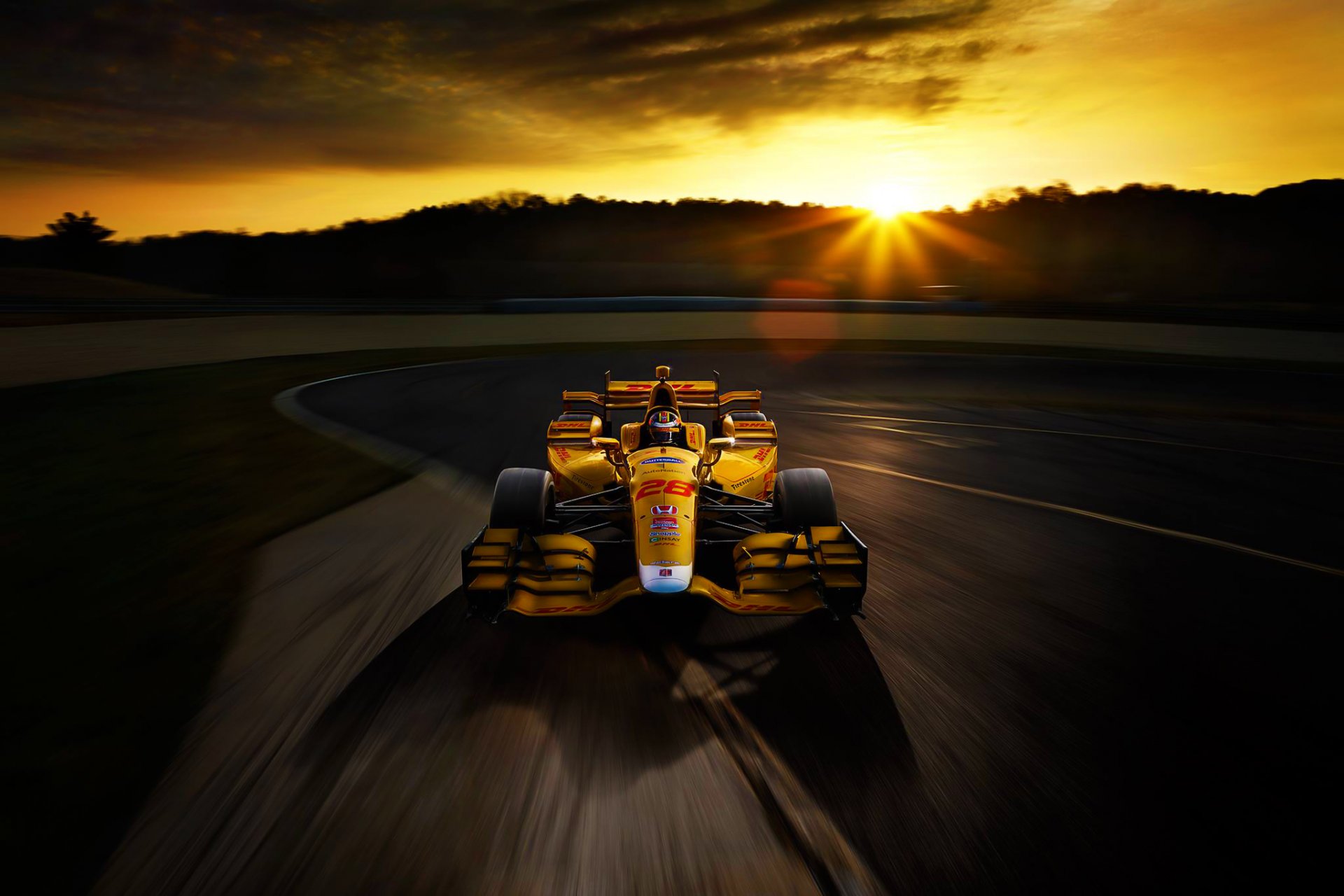 honda f1 auto gelb track sonnenuntergang rennen geschwindigkeit