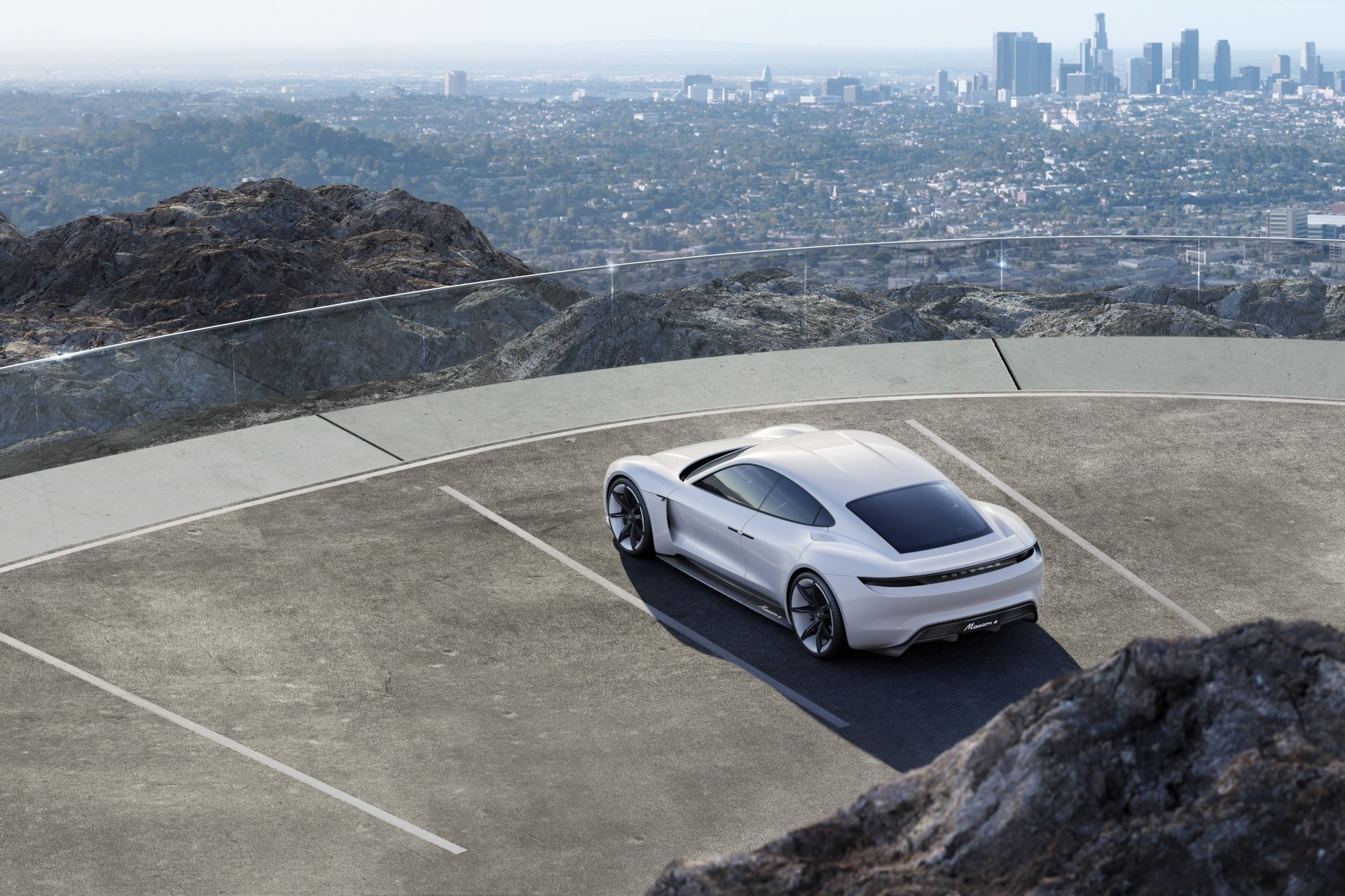 2015 porsche misión e concepto blanco ciudad montaña estacionamiento vista superior estacionamiento