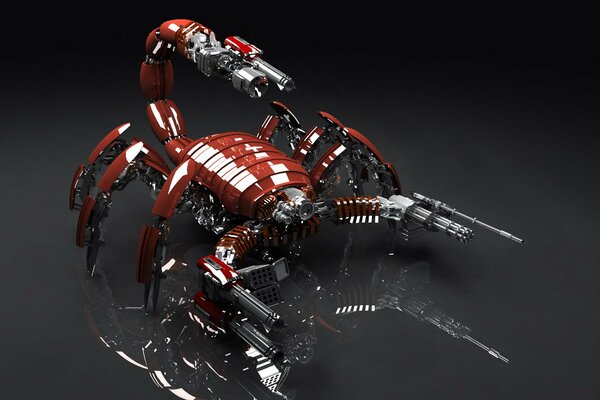 Mechanical scorpion with weapons in pincers on a black background