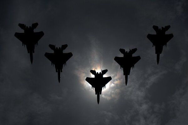 Group flight of military aircraft in the sky in formation