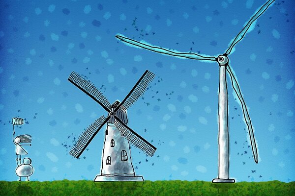 Creative drawing of a windmill on a blue sky background