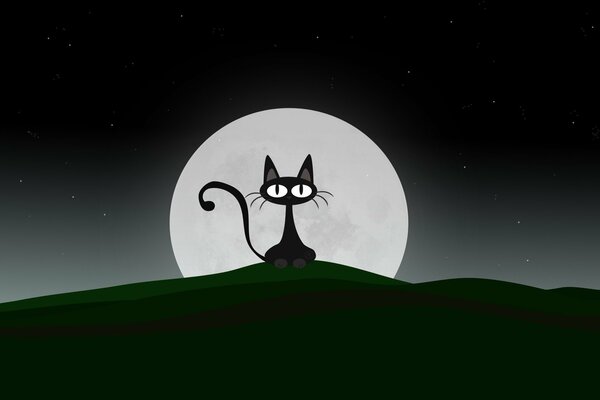 Painted black cat on the background of the moon