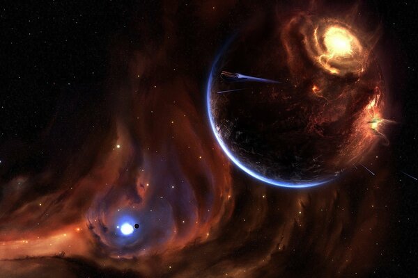 The explosion of a planet in the universe. Stars and celestial bodies