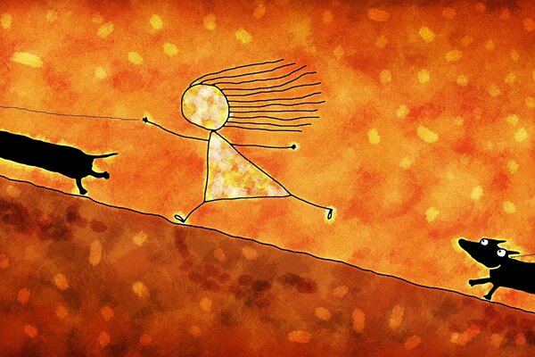 Drawing in orange color where a girl runs after a dog on a leash