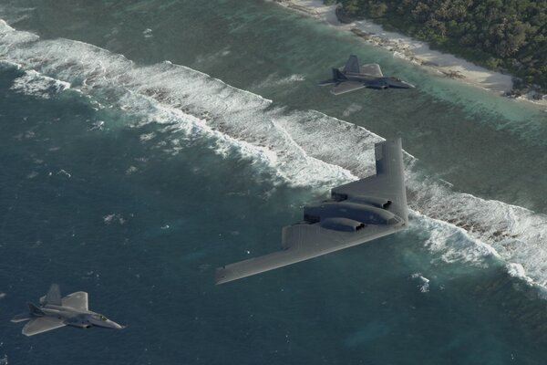 B-2 b e due f22 nel cielo sopra l Oceano Pacifico