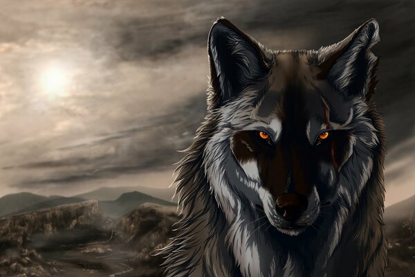 An unusual drawing of a wolf with a menacing look