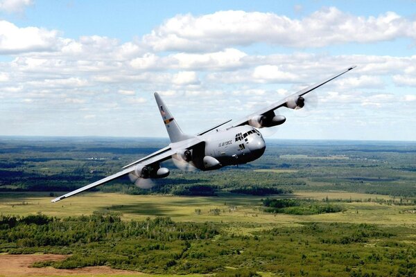 Flugzeug schwebt am Himmel über den Wäldern