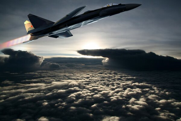 El avión su 37 se eleva sobre las nubes